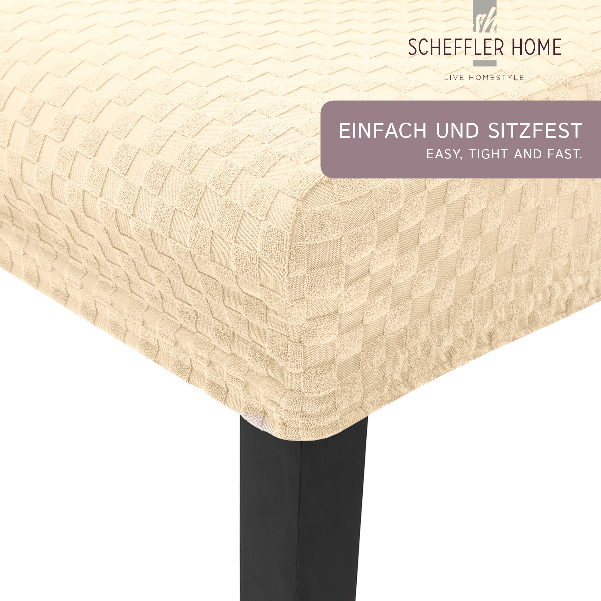 Stuhlhusse Emil Karo Muster weich pflegeleicht in dehnbar mit 4-Flex-Saum