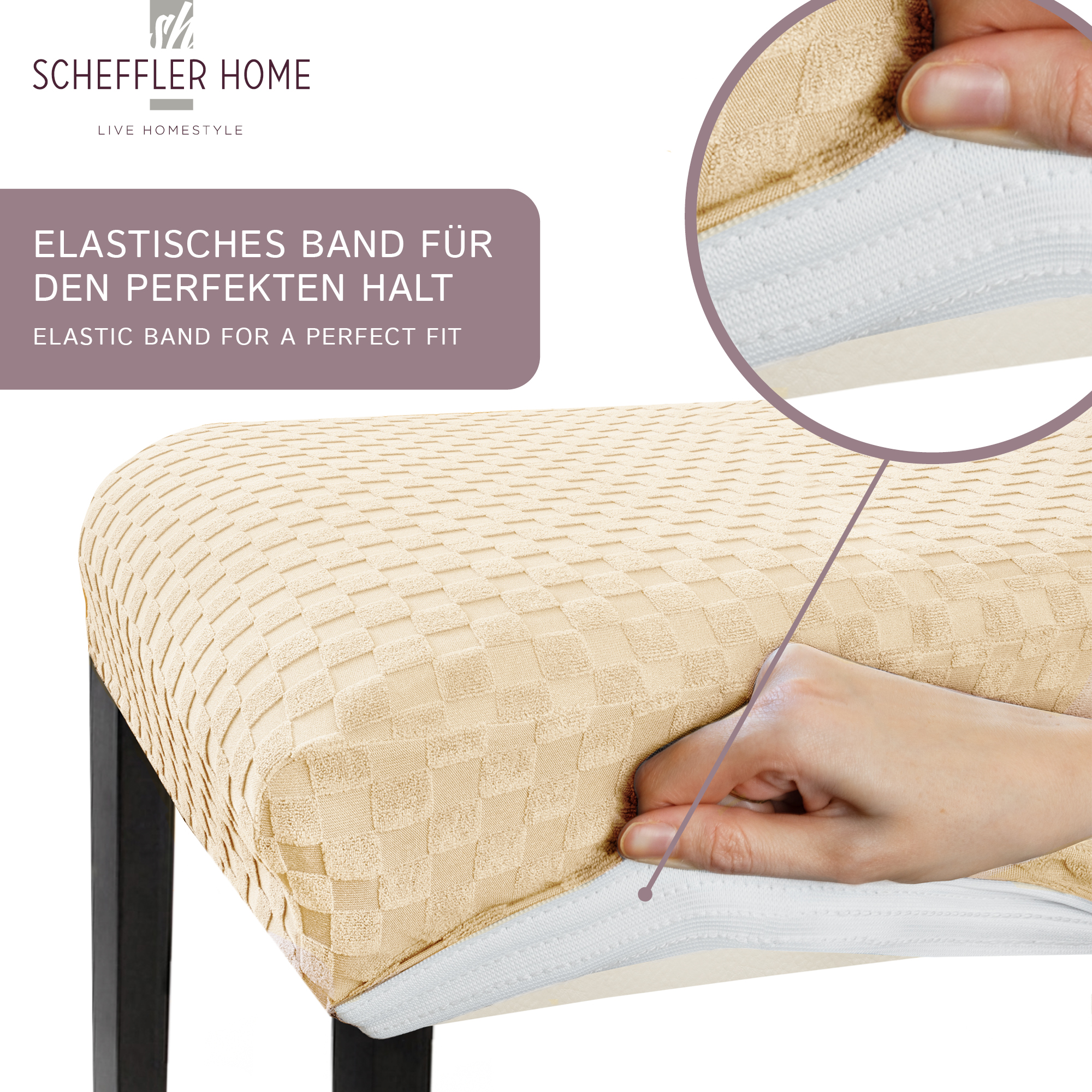 Stuhlhusse Emil Karo Muster weich pflegeleicht in dehnbar mit 4-Flex-Saum