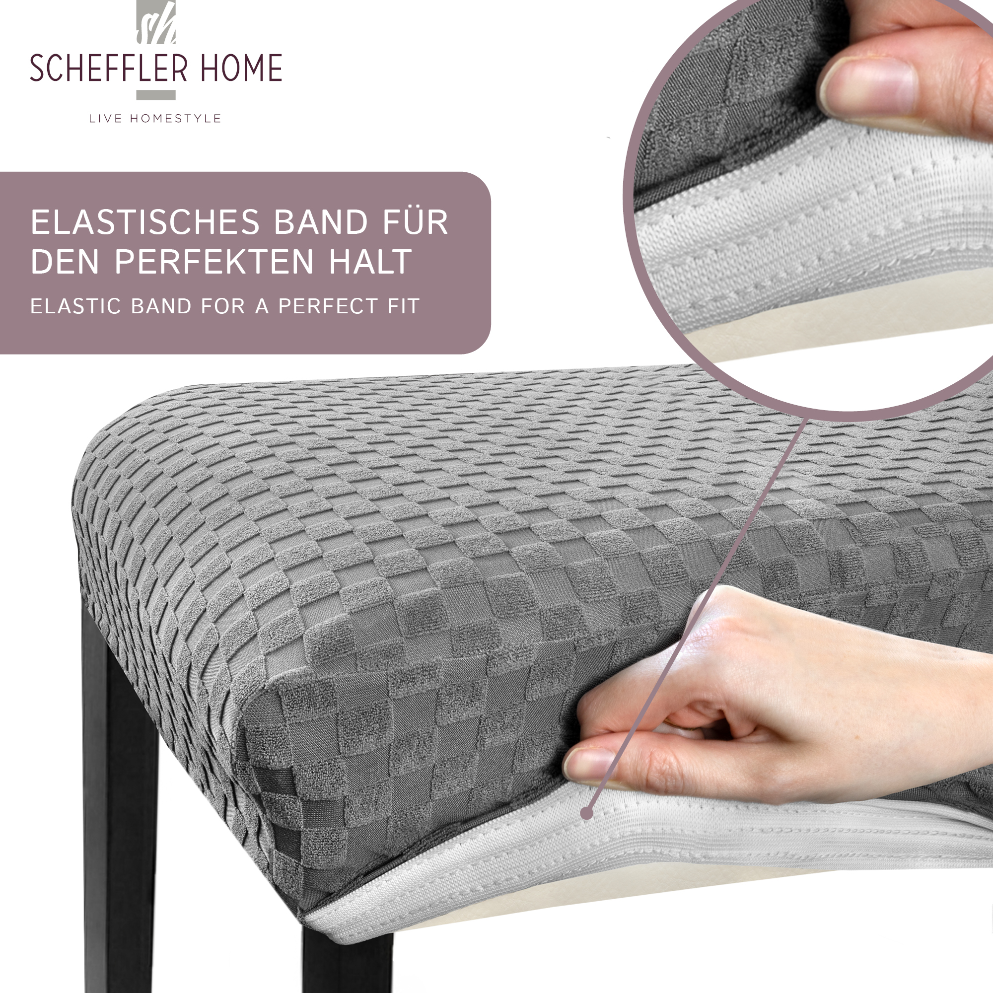 Stuhlhusse Emil Karo Muster weich pflegeleicht in dehnbar mit 4-Flex-Saum