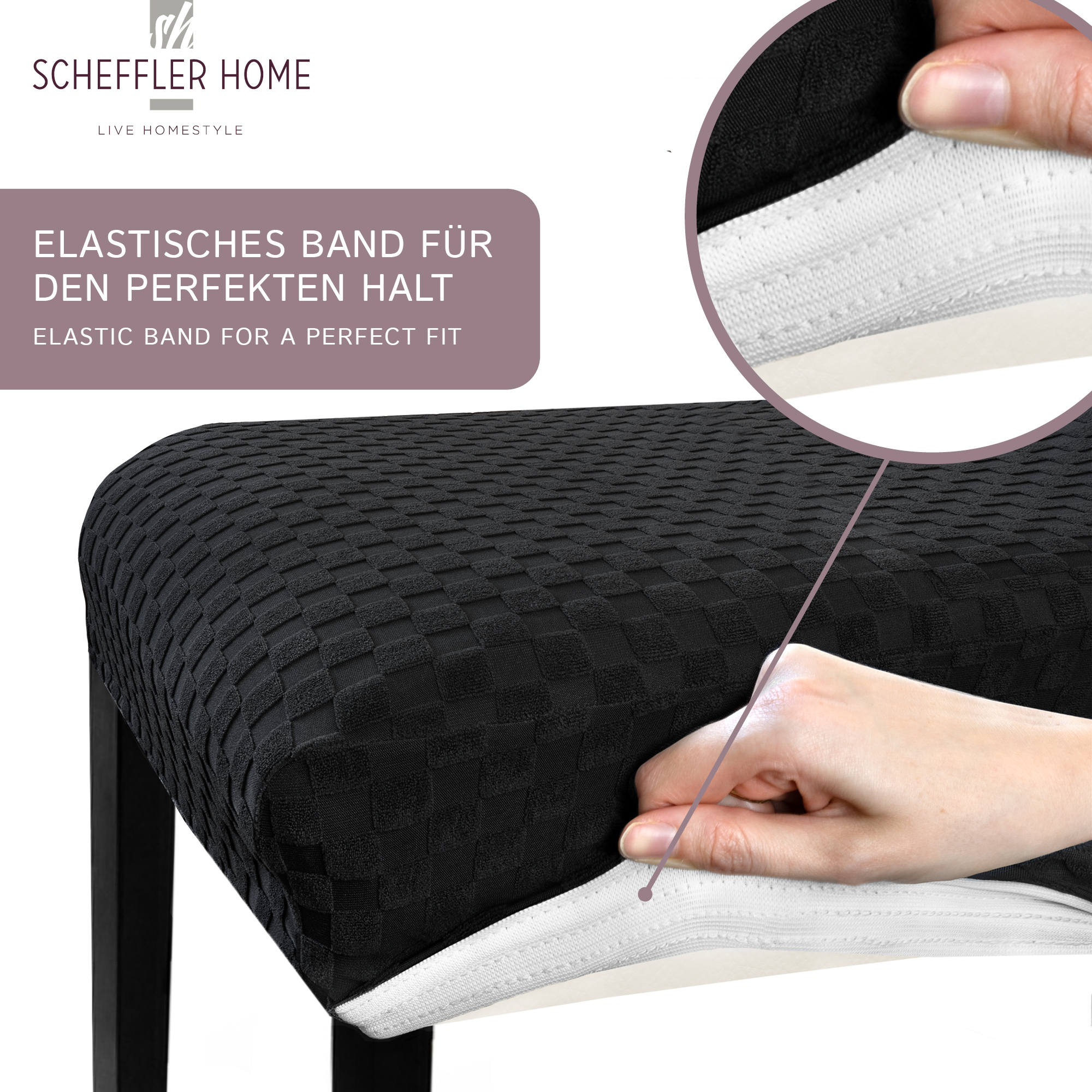 Stuhlhusse Emil Karo Muster weich pflegeleicht in dehnbar mit 4-Flex-Saum