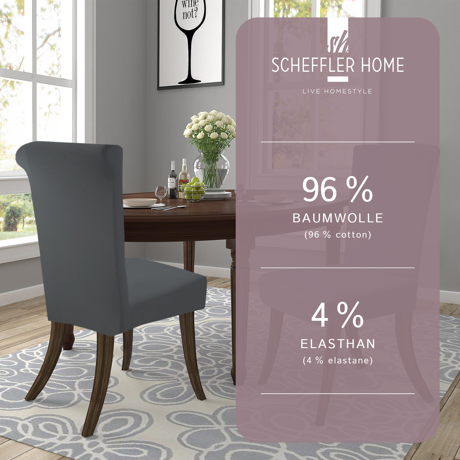 Stuhlhusse Natalie Baumwolle verschieden Farben stretch hochwertige Hussen Schwingstuhl Hohe Rückenlehne