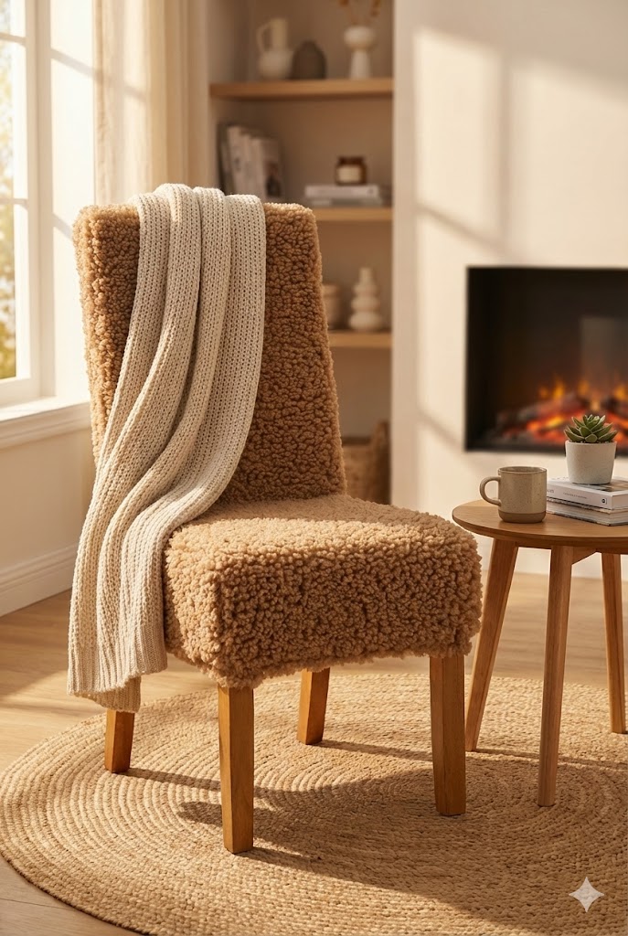 Stuhlhusse Puma Teddy kurz & lang weicher Stuhlbezug mit Lammfelloptik elastisch maschinenwaschbar kuschelig